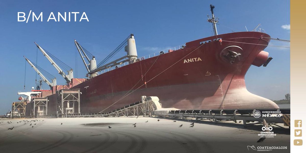 coatzaport's tweet photo. #OperaciónEnMuelle ⚓️🚢🏗

B/M ANITA
Atracado en M-N°7, para la 
#Dcrg. de 34,146 tons. de #MaízAmanrillo. 
Al momento del reporte lleva #Dcrg. 33,041 tons.

A cargo: #Multiver

Se prevé que esta embarcación finalice operaciones en las próx. hrs.

#CIIT
@coatzaport
@SCT_mx https://t.co/X9hcCvo88i