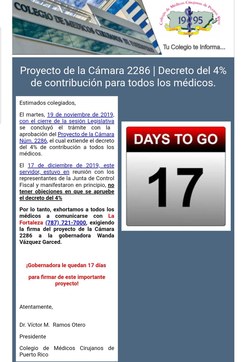 drvictorramos's tweet photo. ¡Tu lucha es mi lucha! 

Exhortamos a la Gobernadora de Puerto Rico, @wandavazquezg firmar el #PC2286 - Decreto del 4% de contribución para todos los médicos. https://t.co/BKKHPmztTB