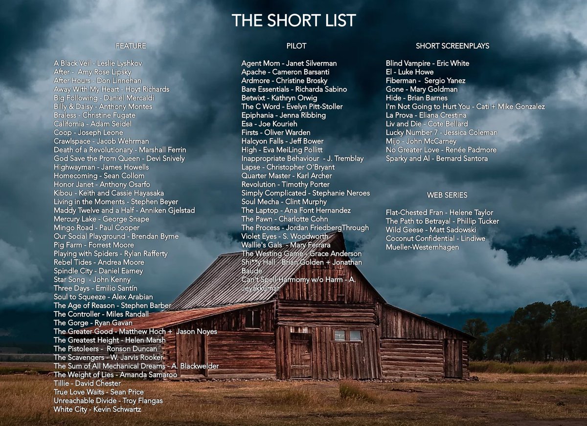 We've posted the Barnstorm Fest 2019 Short List! These are the 80 best scripts we read this year. We'll be announcing the Finalists and Grand Jury Prize winner in this space at 10am PST on New Year's Eve!

barnstormfest.com/2019-short-list