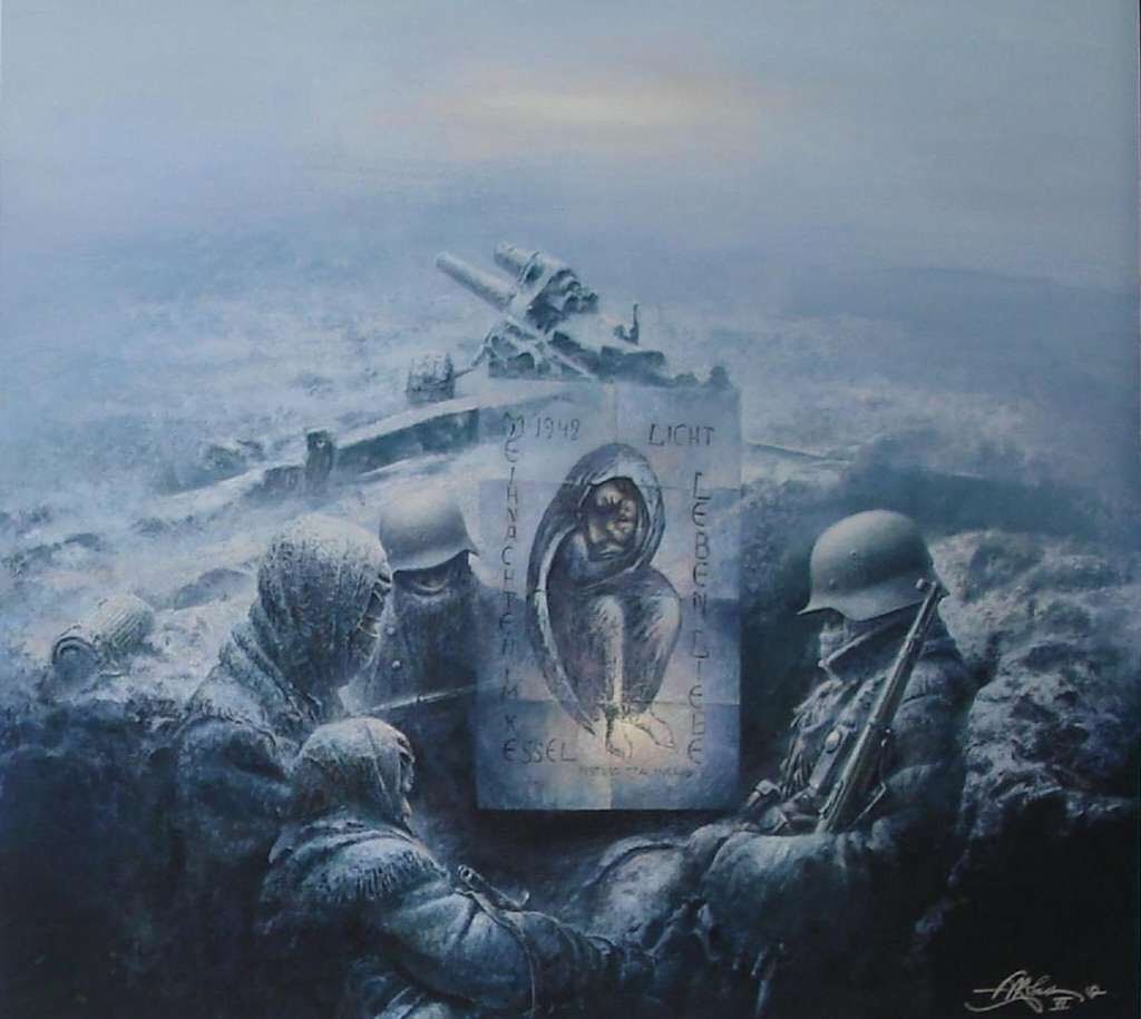 santangelo_s's tweet photo. 1/2 La "Madonna di #Stalingrado" fu dipinta da Kurt Reuber nel Natale 1942. Si tratta di un carboncino realizzato su carta militare con Maria che stringe a sé Gesù, a destra le parole: "Luce, vita, amore"; a sinistra "Natale nel Calderone 1942", e sotto "Fortezza di Stalingrado". https://t.co/U1SWNBOxXD