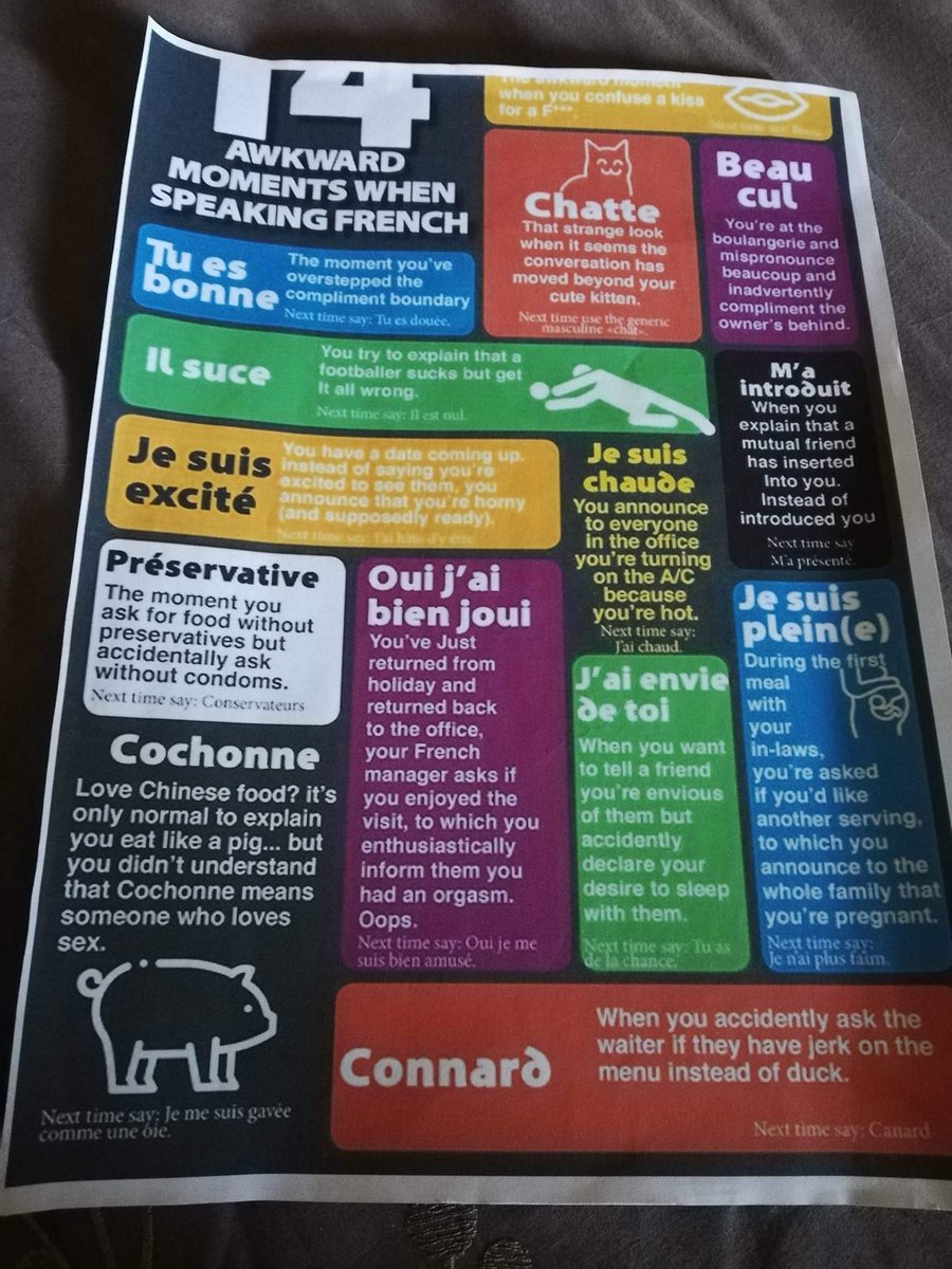 gaby_wald's tweet photo. "14 awkwards moments when speaking french !" La suite va vous étonner !
C'est de la linguistique courante (et cela fonctionne aussi dans l'autre sens, quelque soit la langue, ça fourche toujours !)
#linguistique #sémantique #vocabulaire #terminologie #SocialPatterns https://t.co/IWy4NPfoRc