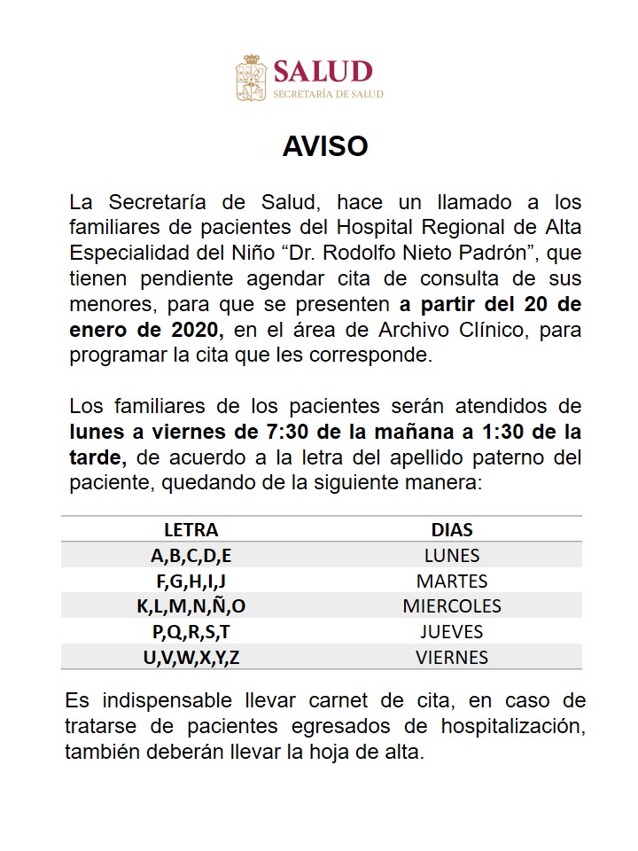 SSalud_Tab's tweet photo. Aviso importante para los familiares de pacientes del Hospital Regional de Alta Especialidad del Niño "Dr. Rodolfo Nieto Padrón", que tienen pendiente programar cita para la consulta de sus menores. https://t.co/8Fm67ziEfZ