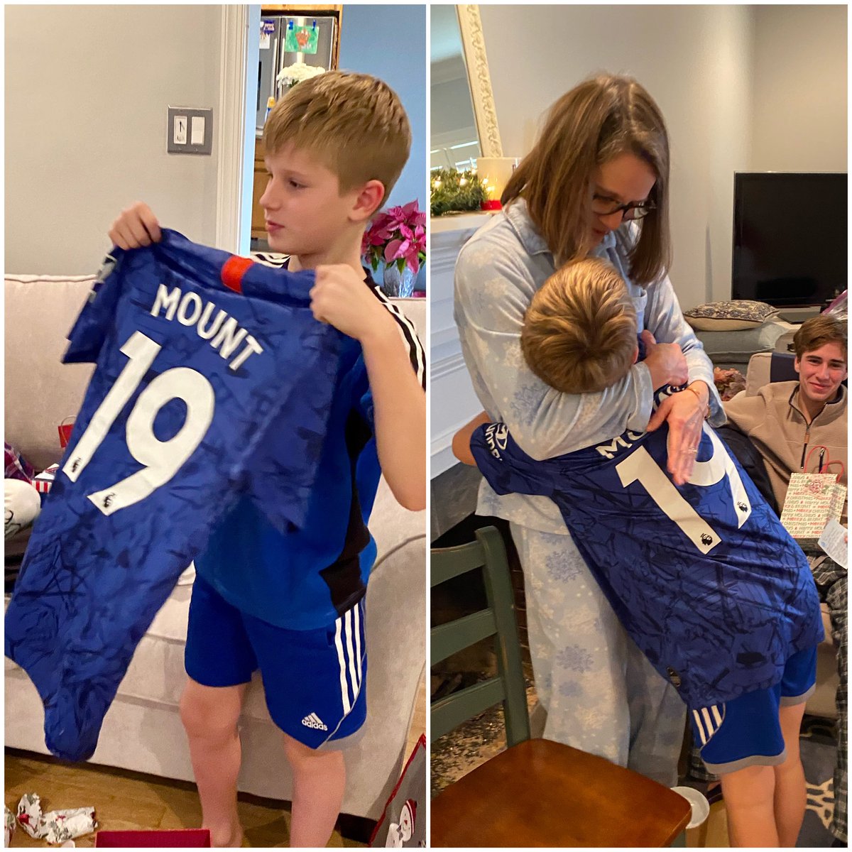 JohnRichmond1's tweet photo. Gift of the holiday: Mount received the jersey of his favorite @ChelseaFC player @masonmount_10 (with whom he shares a name)! #ChrismasJoy #Mount19 #Mount https://t.co/kcIgIhSP2Z