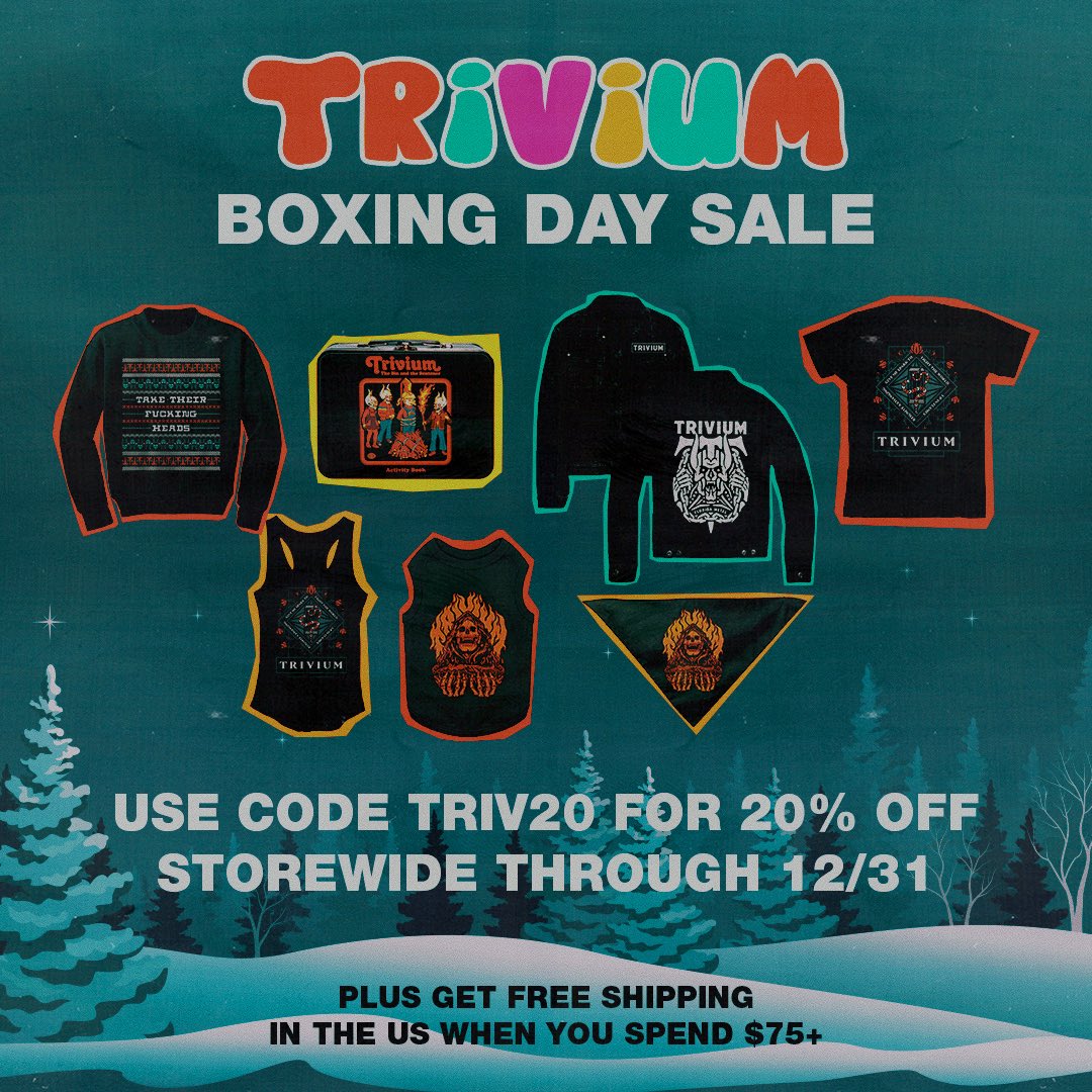 TriviumOfficial's tweet photo. Boxing Day sale starts now! Head over to our merch store and use code TRIV20 for 20% off storewide while supplies last. Click here to shop: https://t.co/QQq58y5x26 https://t.co/RtfGobudfN