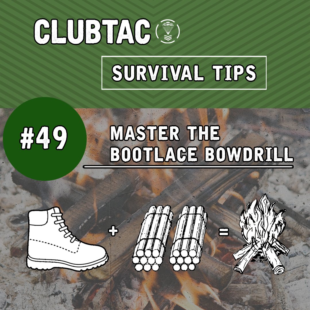 Need to build a fire? Learn the bootlace bow-drill. Remove your laces, fold them in half and twist them up, then attach them to a bow of wood for a functioning fire starter.  🔥👊 #clubtac #survivalgear #subscriptionbox #tacticaltips