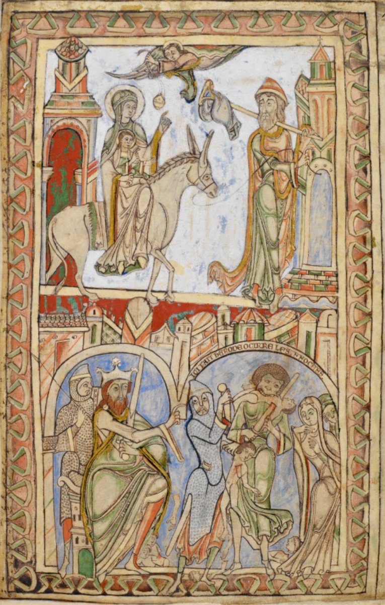 The Annunciation to the Shepherds; the Magi before Herod; the Magi follow the star; the Adoration of the Magi; an angel warns the Magi &amp; Joseph; the Flight into Egypt; &amp; the Massacre of the Innocents.
Cotton MS Nero C IV; 'Winchester Psalter'; ff.11r, 12r, 13r, 14r <a href="/BLMedieval/">Medieval Manuscripts</a>