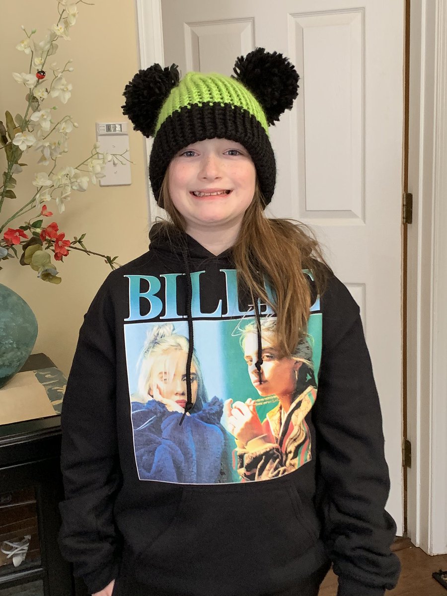 My girl with her space buns/green <a href="/billieeilish/">billie eilish</a> hat and Billie sweatshirt. #BillieEilish