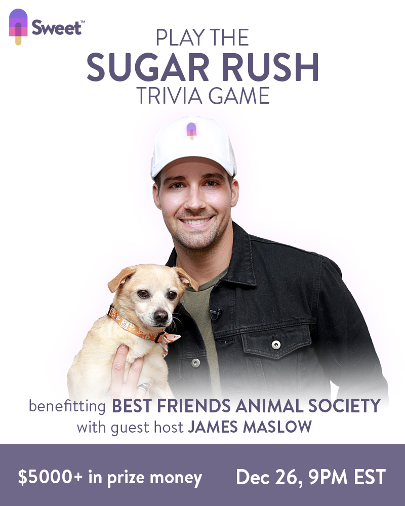 bestfriends's tweet photo. Tonight, @sweet's Sugar Rush benefits Best Friends! The special host is @jamesmaslow who will be joined by a @BFAS_LA pup. Play along for a chance to redeem points for fun prizes (like a trip to the Sanctuary!). Download the Sweet app on your phone and tune it 9pm EST tonight. https://t.co/INlDFV7NlJ