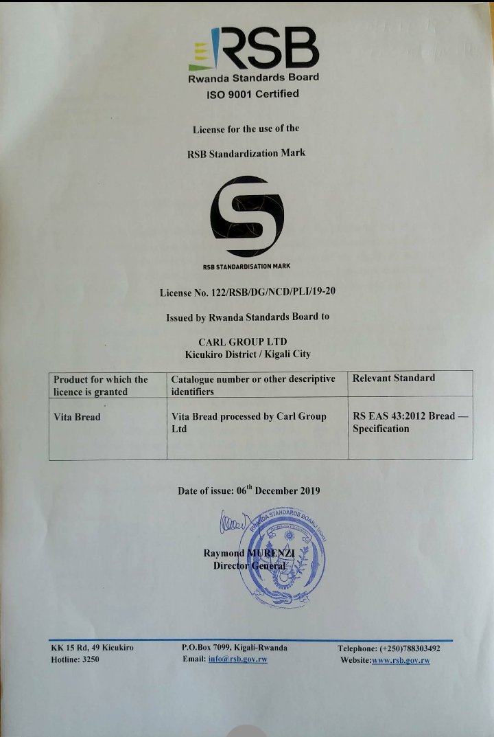 carl_ltd's tweet photo. RT: #CARLGROUP's 2019 review: 6. 6/12/2019 @rwandastandards sealed our 2019 by announcing to the public that #VITABREAD is certified against RS EAS43:2012. Now #sweetpotatoe bread is among the 2 Bread certified against S mark in Rwanda.happy festive seaon to the RSB team. https://t.co/GSFjIp8y34