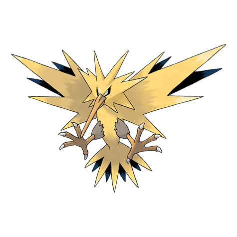 An image of the legendary Pokemon Zapdos, a yellow bird with a lightning bolt motif and a long, thin, orange bill.