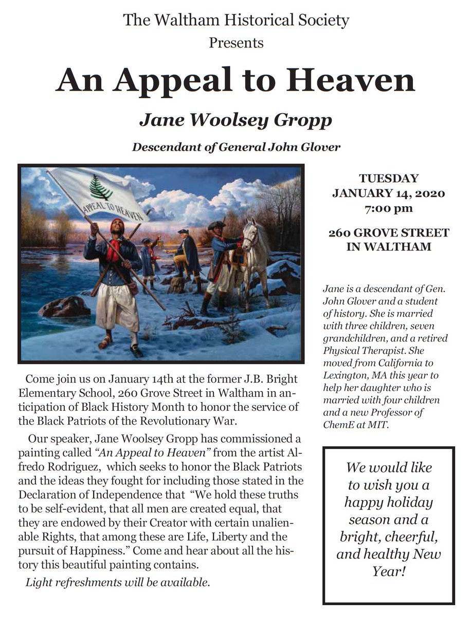 Plse join the #Waltham Waltham Historical Soc. as we honor the service of the Black Patriots of the Revolutionary War.  Tues. Jan. 14, 7 PM, at former Bright School, 260 Grove St., Waltham. Free &amp; open to the public.