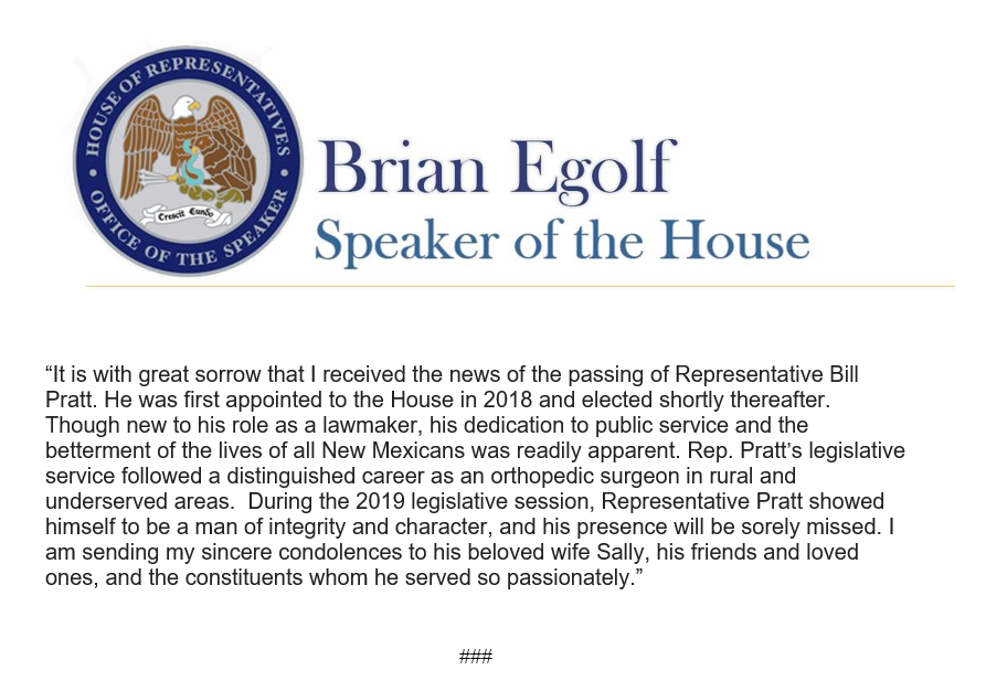BrianEgolf's tweet photo. It is with a heavy heart that I share my statement on the passing of Representative William B. Pratt of HD 27 in Albuquerque. #nmleg #nmpol https://t.co/8EnFWhCnxt