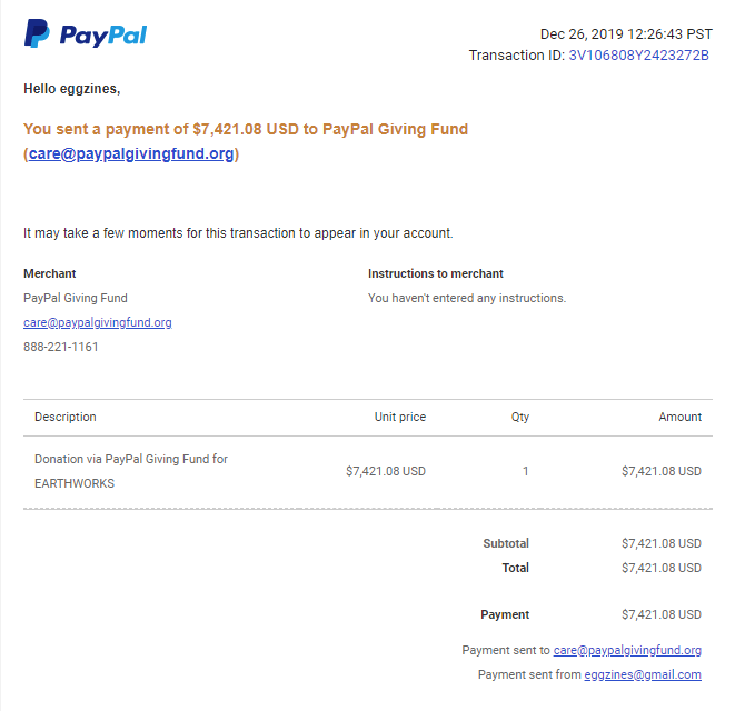 solaszine's tweet photo. Here's proof of donation to Earthworks! Paying through Paypal takes about 15-45 days to get to our charity of choice, so we'll make our Big Wrap-Up Post when they receive it! Happy holidays everyone :) https://t.co/5VfNYaZzWn