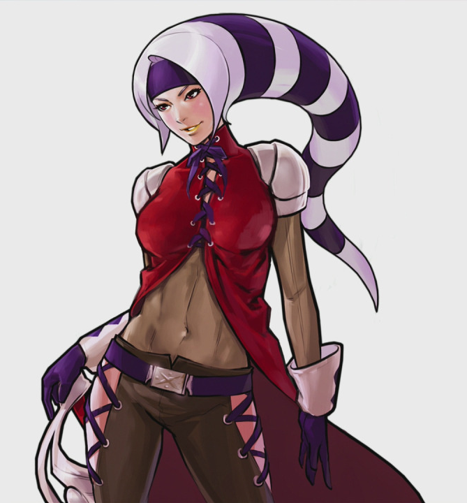 FOXYAge: 28Country: ???Team: NESTS TeamOrigins: KOF 2000originally appearing in 2000 as one of kula's strikers, foxy is one of her caretakers. she's a rare weapon user - she fences. after NESTS's collapse, she goes on to own a successful honey factory.