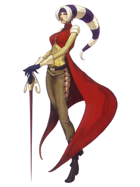 FOXYAge: 28Country: ???Team: NESTS TeamOrigins: KOF 2000originally appearing in 2000 as one of kula's strikers, foxy is one of her caretakers. she's a rare weapon user - she fences. after NESTS's collapse, she goes on to own a successful honey factory.