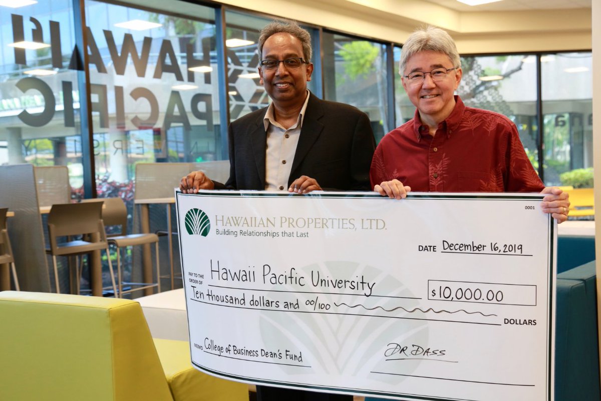 HPU's tweet photo. Our holiday season was brightened by the generous gift from MBA alumnus, Dass Ramadass, CEO of Hawaiian Properties, LTD. A big mahalo to Dass and his team for their incredible contribution to our College of Business students! https://t.co/gi4Ku4yteV