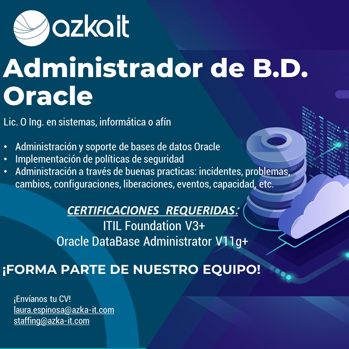 AZKA_IT's tweet photo. Estimada Red
Estamos en búsqueda de un administrador de BD Oracle
Mandar correo a:
laura.espinosa@azka-it.com o staffing@azka-it.com
#DatabaseOracle #Oracle #BasedeDatos #administradorBD #OportinidadLaboral #Trabajo #tecnologíasDeLaInformación #Empleo #AzkaIT https://t.co/JezP9wRlia