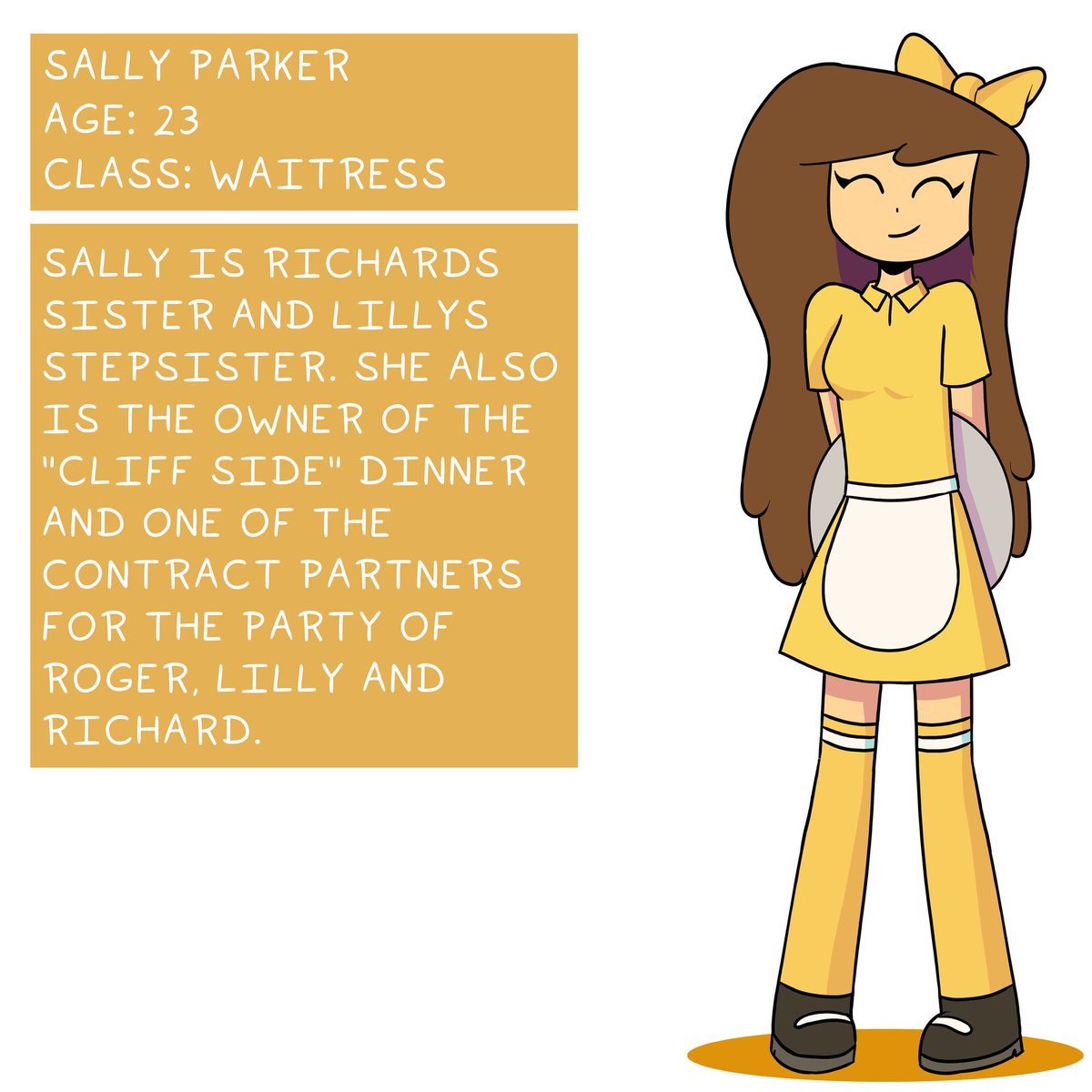 Here's the next one! Sally Parker owner of the "Cliff Side" dinner. She's just a normal waitress though. She moved away when she was 19 years old. She bought the dinner and founded the "Cliff Side" dinner. She now takes care for her (step-)siblings. #digitalart  #charactersheet