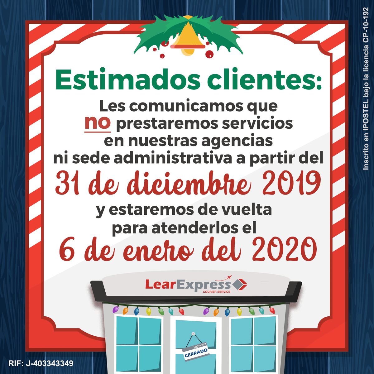 LearExpress_Pa's tweet photo. Desde el 31 de diciembre estaremos cerrado en las agencias a nivel #Nacional y sede administrativa. 🎄¡Los esperamos el 6 de enero para retirar su paquetería! 😉 https://t.co/FTqe8qxAG5