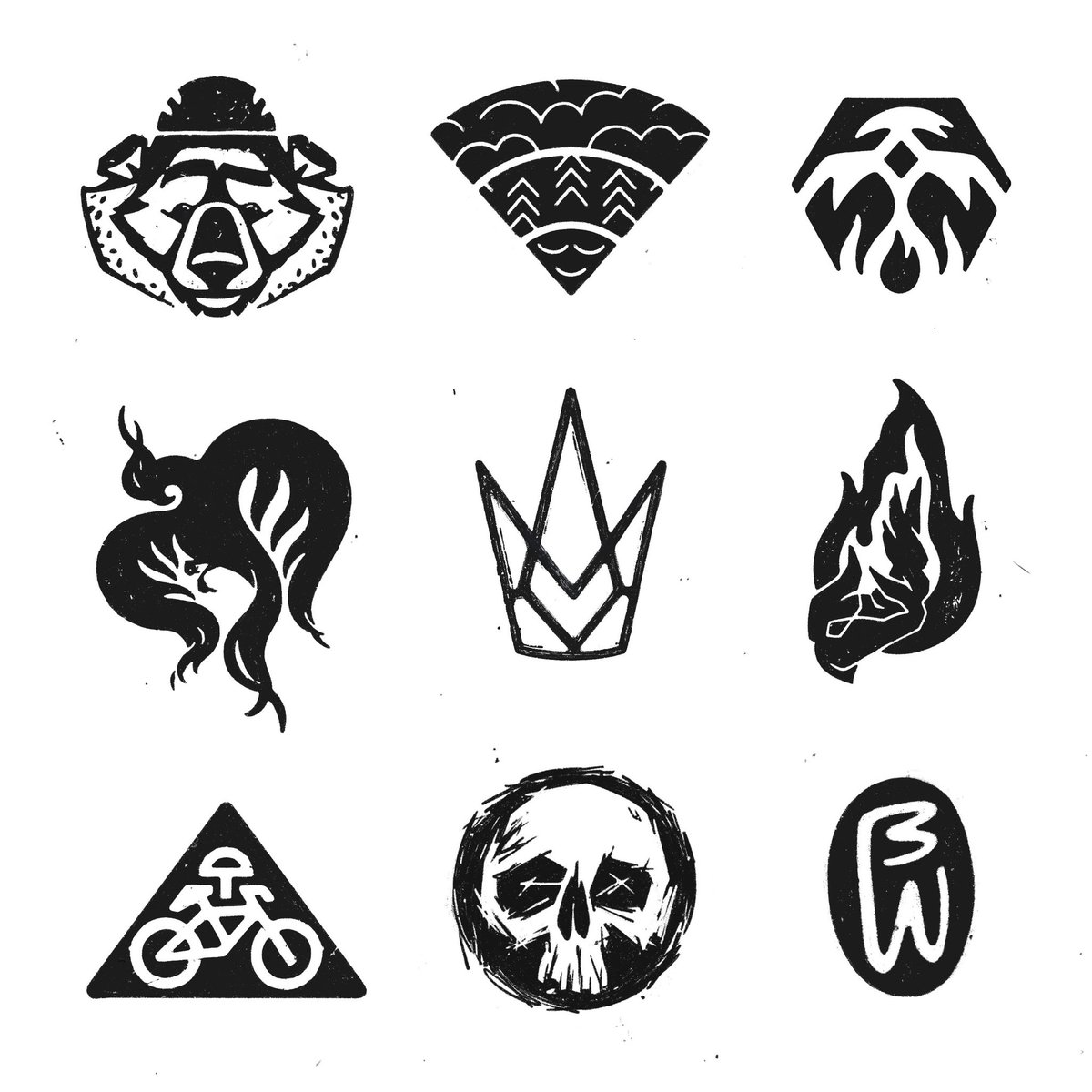 A collection of nine black and white logos. Bear, WiFi with pattern, stylized Phoenix, illustrated Phoenix, lined crown with heart inside, hand holding flame, bike sign, sketchy skull, BW monogram.