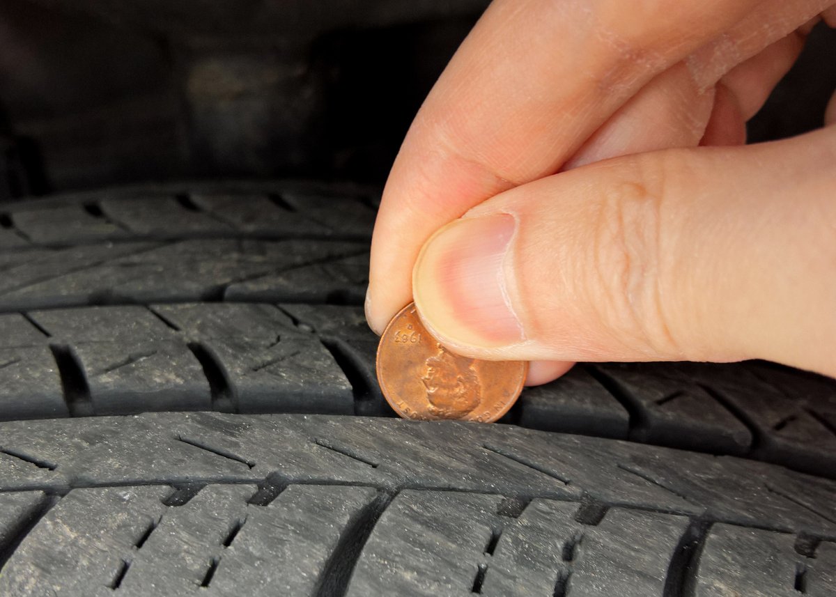 CentralMeMtrs's tweet photo. Have you checked the tread on your tires recently? Here’s a quick tip: use a penny to gauge tread depth. Stick a penny with Lincoln’s head facing down in your tread rib – if you can see the top of Lincoln’s head, it might be time to replace your tires! https://t.co/X6oLdyzyeQ
