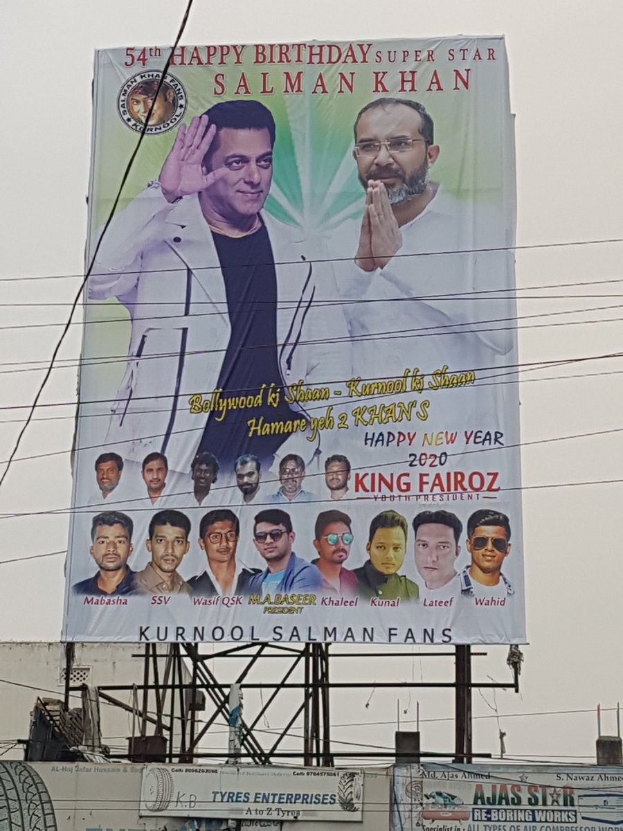 IamKingBaseer's tweet photo. Biggest Holding Flex in Kurnool by Salman Khan Fans for Birthday Celebrations. #KurnoolSalmanFans #DJRally #CakeCutting at 8pm @ Royal Function Hall. Cheif Guest #HafeezKhan MLA #HappyBirthdaySalmanKhan @knlsalmanfans https://t.co/qPnth3Gx87