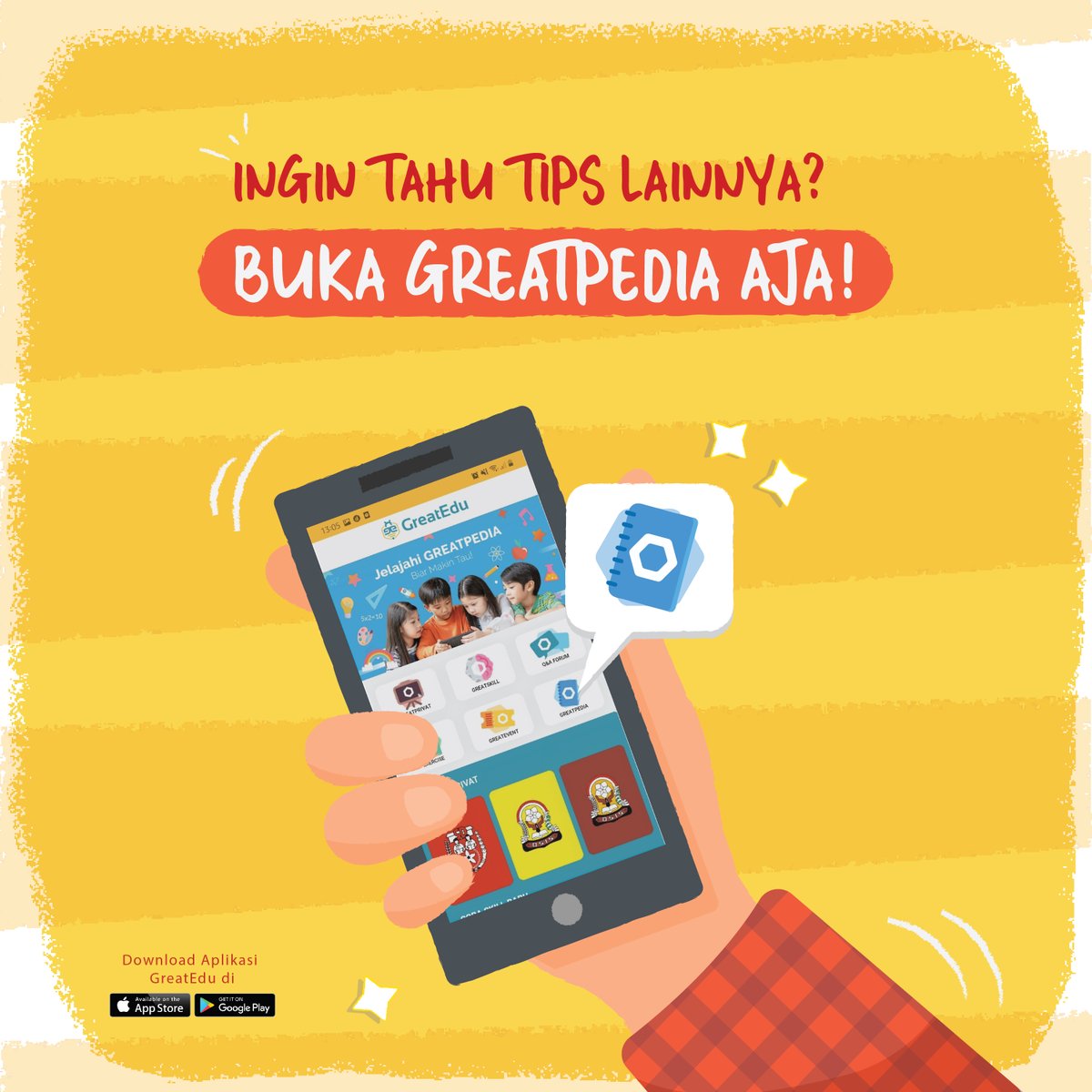 id_greatedu's tweet photo. Apa saja tipsnya? π€
Buka di #Greatpedia ya, #Greaters! π
#GreatEdu #BukaGreatEduAja #EduMarketplace #GreatPedia #BeARanger #Pendidikan #Education #Indonesia #PendidikanIndonesia #BacotanSantuy #Jumat #JumatBerkah #Friday #FridayMotivation https://t.co/v20C33n6aV