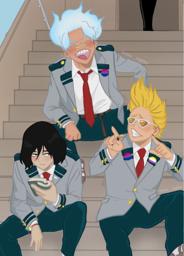 transiggy's tweet image. Colored these baby boys and gave them some cute pins and bracelets based on how I headcanon them! 

They’re so cute, I love my babies :( 

#aizawa #presentmic #shirakumo #bnha #bnhaspoilers