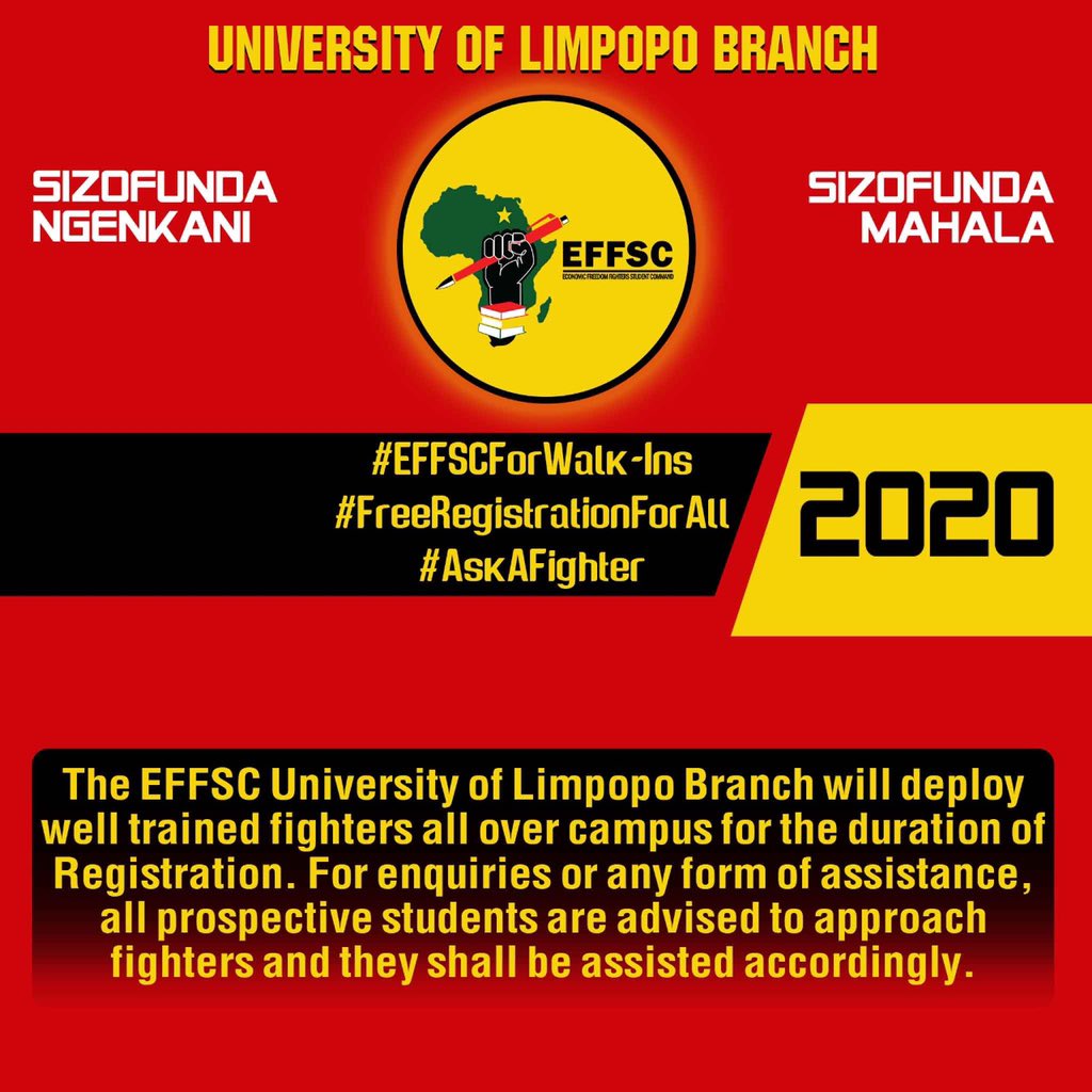 EFFSCUL's tweet photo. 🚨 

EFFSC UNILIM BRANCH is ready to assist prospective students with registration next year and beyond. No deserving student will excluded.

#SizofundaMahala
#FreeRegistrationForAll https://t.co/JK2V7JVrFZ
