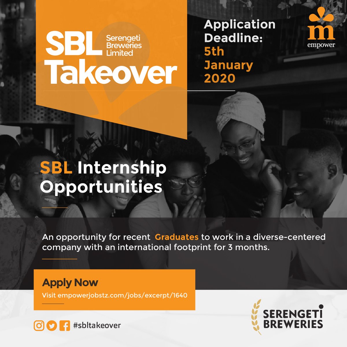 InspireCentreTz's tweet photo. Your 3-month Internship with Serengeti Breweries awaits and the application deadline approaches fast. 

SBL Takeover event will be held on the 11th of January 2020 as part of the internship assessment. 

Apply now https://t.co/MXVd6yMeCj

#MeetLearnEat https://t.co/tRfDWuErAx