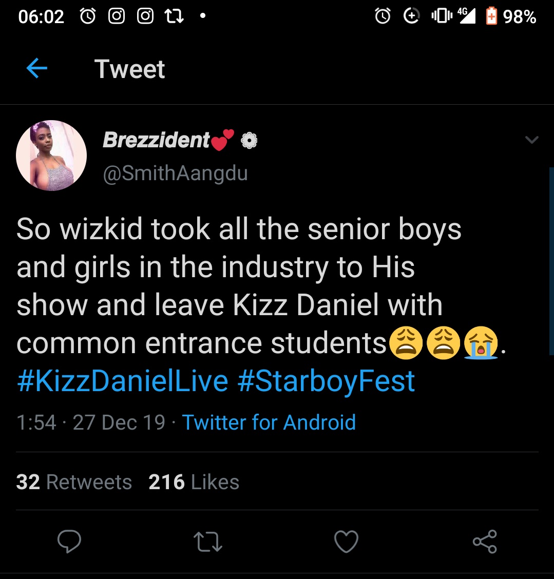 Can't y'all just enjoy your #STARBOYFEST without shading #KizzDanielLive 🤷🏽‍♂️

Common entrance students?? Someone that had Davido, Tiwa savage, Olamide, falz, Mayorkun perform.