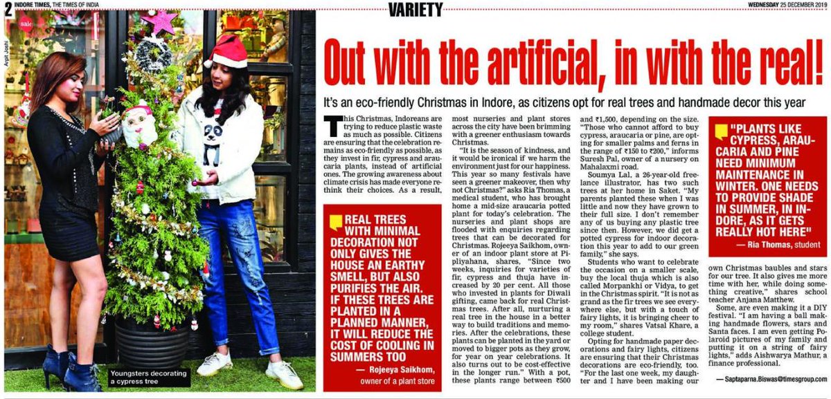 BelfioreStores's tweet photo. Here's an article from 'The Times of India' showcasing an Eco-friendly Christmas celebration in Indore, Rojeeya Saikhom gives her view on how replacing real trees with the ornamental ones gives you an healthy environment around.
#christmas #christmastree #heatlhyenviroment https://t.co/J63eC8cPFS