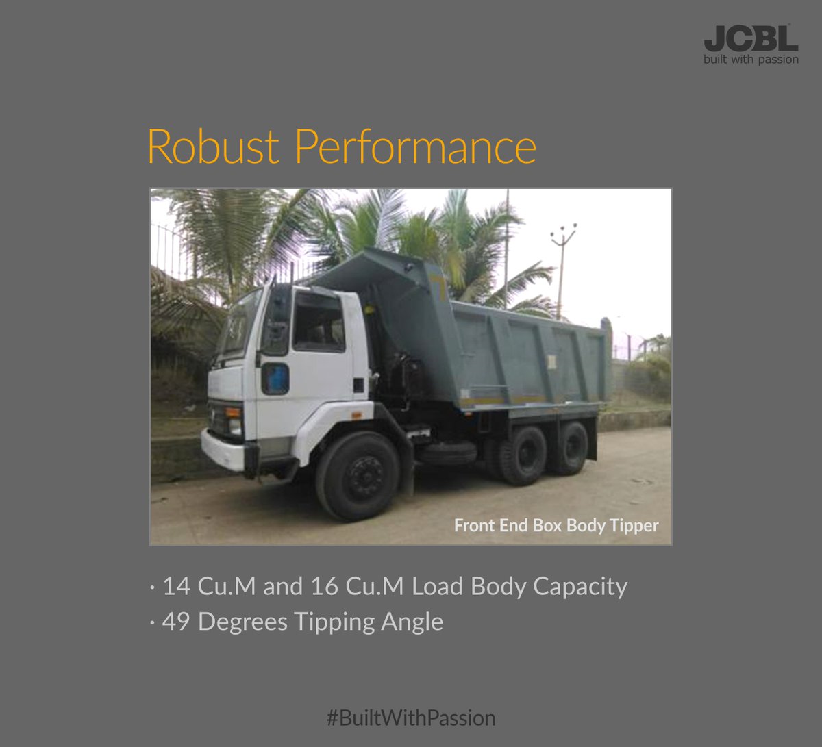 JcblLimited's tweet photo. The journey to success is now made easier with JCBL Front End Box Body Tipper. Built to accelerate your profits and to always keep you moving, even in toughest conditions.
Know more: https://t.co/SdIuTH016x
#JCBLTipper #BuiltWithPassion https://t.co/q0DxBsUWiv