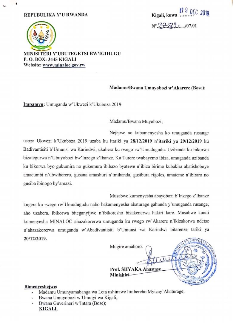 Umuganda rusange usoza ukwezi k’Ukuboza 2019 ari na wo usoza uyu mwaka washyizwe tariki ya 28/12/2019 na 29 ku badivantisiti . #RwOT ⁦<a href="/ashyaka/">Anastase SHYAKA</a>⁩