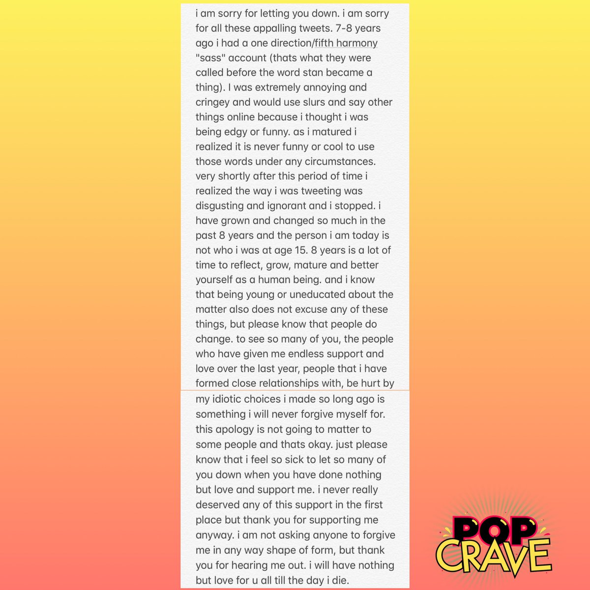 PopCrave's tweet photo. Slayyyter issues an apology for her past use of racial slurs on her old One Direction/Fifth Harmony "stan" Twitter account: 

"i hate myself a lot more than any of you could ever hate me right now. i don't know how to make this up to any of you but i'm really sorry” https://t.co/2A6uTpaD8d
