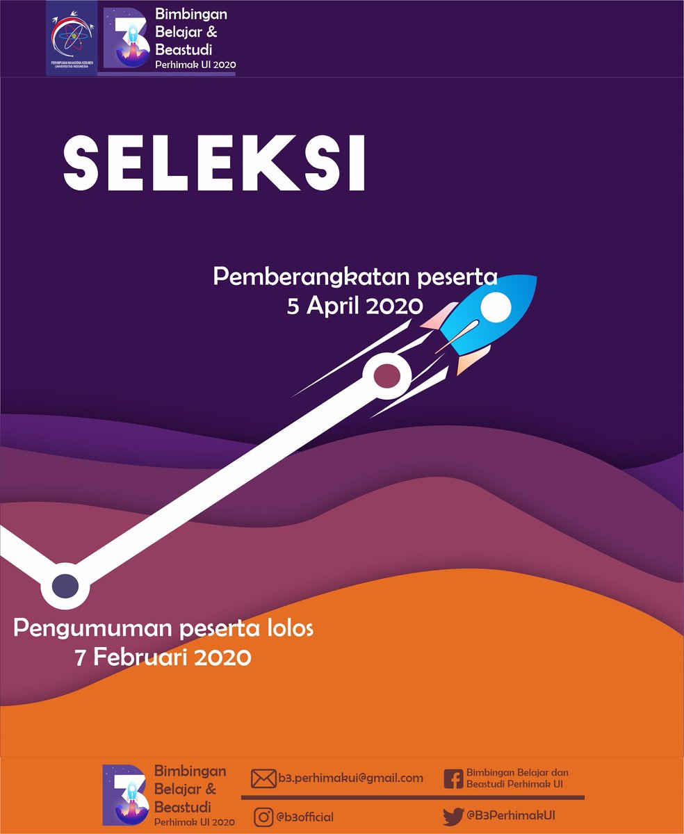 B3PerhimakUI's tweet photo. [ TAHAPAN SELEKSI B3 2020 ]

Hello fellas!
B3 akan datang kembali loh!
Jadi sudah siapkah kalian untuk menjadi bagian dari B3 Perhimak UI 2020?

Yuk catat tanggal penting seleksi B3 Perhimak UI 2020! https://t.co/p5hG1eVH2n