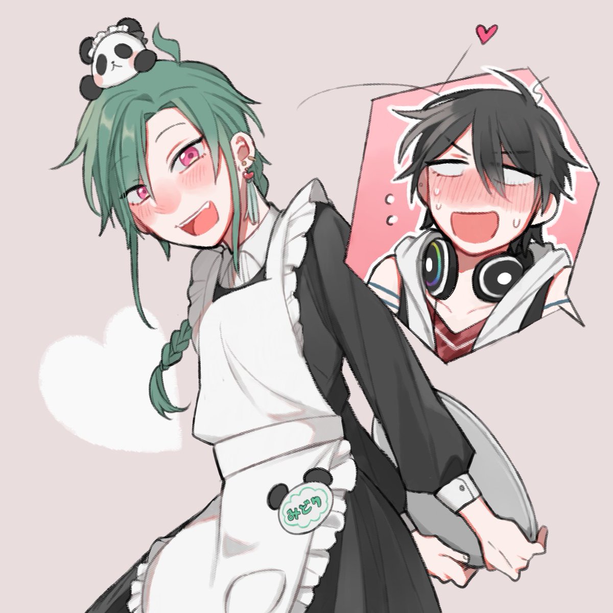 blush green hair apron braid panda black hair enmaided  illustration images