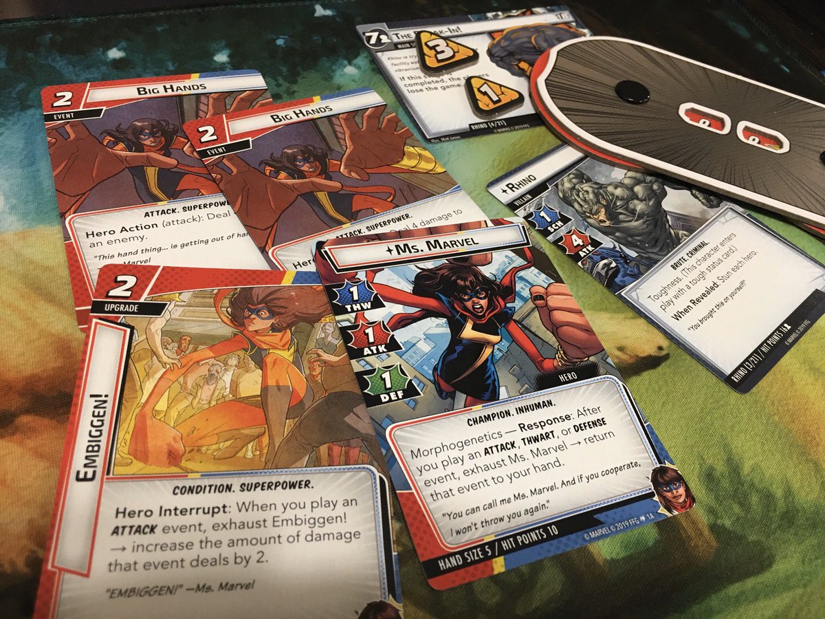 Nathan_Adam's tweet photo. Decked out #CaptainAmerica (protection) and first play of #MsMarvel (justice) made easy work of all three phases of Rhino on expert! Then a solo play with #Kamala ended with a #Morphogenetics and #Embiggen! for a triple #BigHands! Loving both new heroes!
#MarvelChampions
@FFGames https://t.co/9DKDXSgGaQ