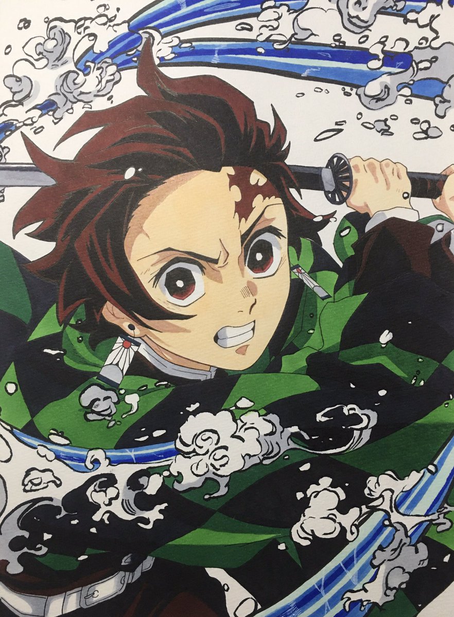 kamado tanjirou weapon 1boy sword male focus solo demon slayer uniform scar  illustration images