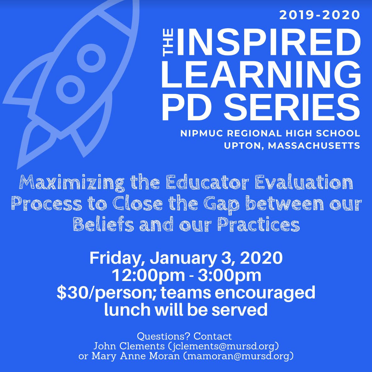 John Clements (@johnkclements) on Twitter photo Join <a href="/Mary_Anne_Moran/">Mary Anne Moran</a> and me on 1/3/20 from noon - 3pm for our next Inspired PD session: "Maximizing Ed Eval". Walk away w simple strategies that you can put to work in 2020. $30/attendee. Lunch included. Check it out at bit.ly/nipmucpd. Registration deadline: 12/30 @ 3pm Join <a href="/Mary_Anne_Moran/">Mary Anne Moran</a> and me on 1/3/20 from noon - 3pm for our next Inspired PD session: "Maximizing Ed Eval". Walk away w simple strategies that you can put to work in 2020. $30/attendee. Lunch included. Check it out at bit.ly/nipmucpd. Registration deadline: 12/30 @ 3pm
