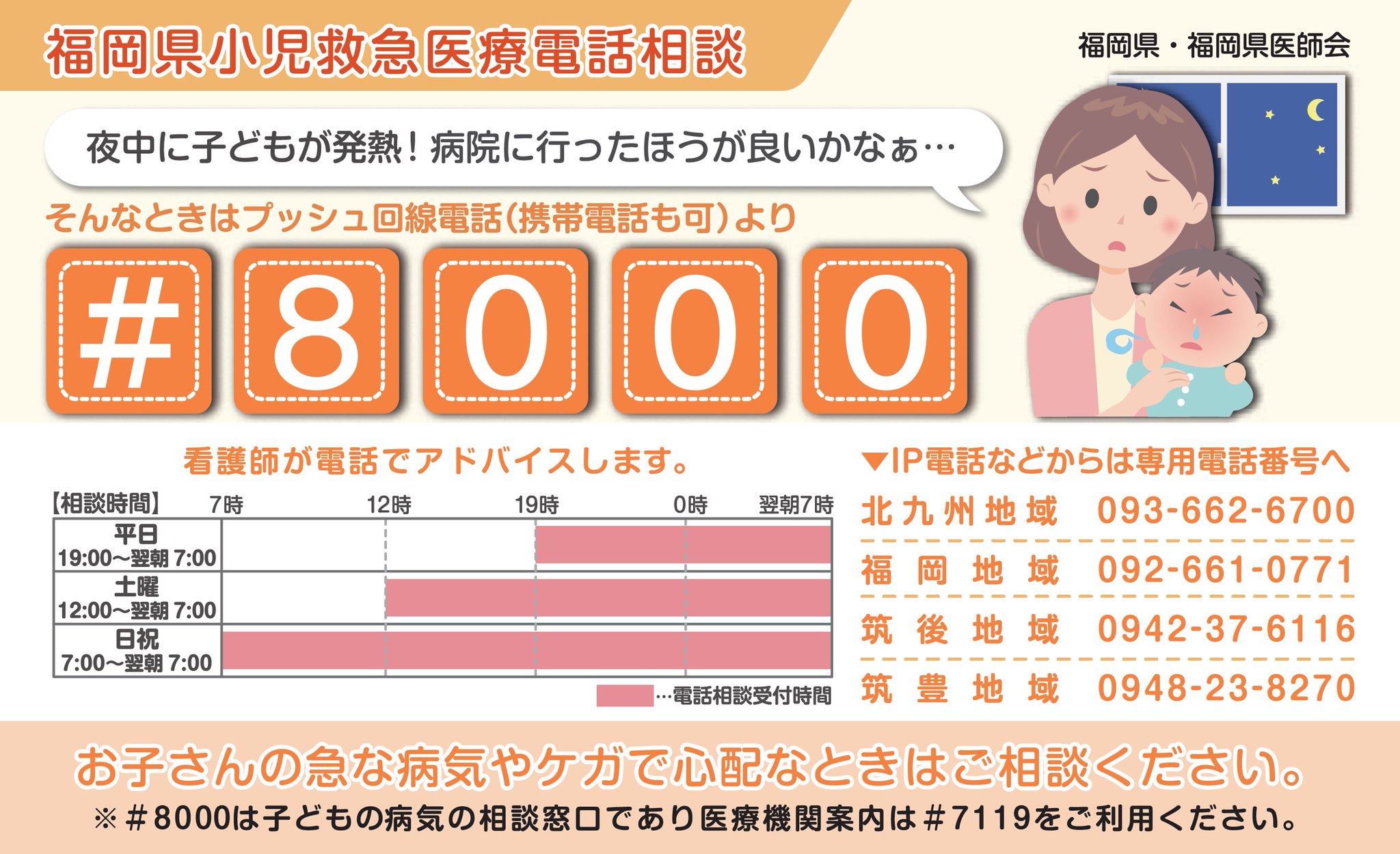 福岡県庁 On Twitter 福岡県小児救急医療電話相談 ８０００ 子どもの急な病気 ケガに関する相談を 経験豊かな看護師や必要に応じて小児科医がアドバイスします 年末年始期間中は 12 28正午 1 4朝7時まで 1 4正午 1 6朝7時まで 24時間対応しています