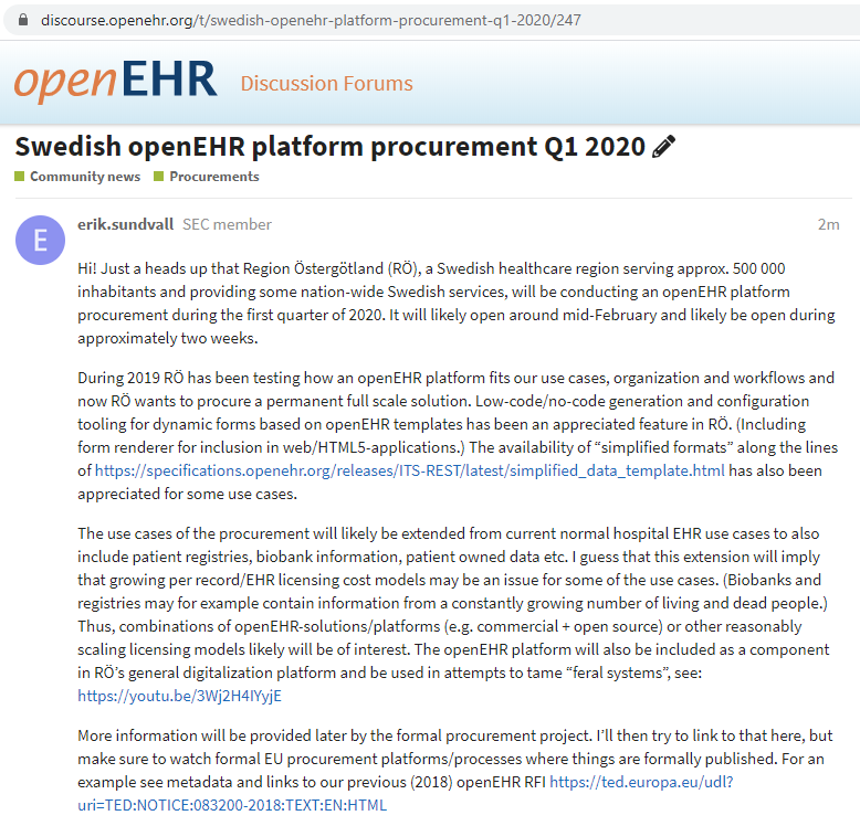 Upcoming Swedish #openEHR platform procurement Q1 2020 from <a href="/regionost/">Region Östergötland</a> #ehealth #eHälsa #svmed  #digitalisering #visionehälsa2025 #framtidensvård See discourse.openehr.org/t/swedish-open… (And yes, we know about #HL7 #FHIR and will likely use that too where/when appropriate.)