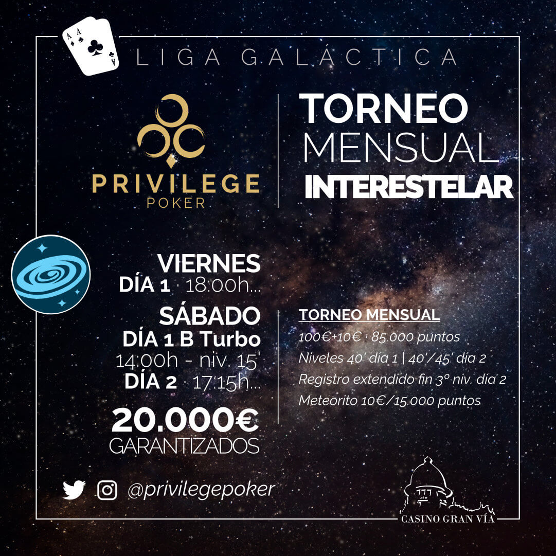 CasinoGVPoker's tweet photo. Torneos de
#PrivilegePoker para este viernes:
TORNEO MENSUAL INTERESTELAR en @CasinoGranVia
💰 20K GTD
🎟 https://t.co/l7WkJGlKoG
TORNEO EPSILON en @CasinoAranjuez
💰 3K GTD
🎟 https://t.co/YM5pl8Fvpz
#InterestelarWeek https://t.co/NsIhL3xxTv