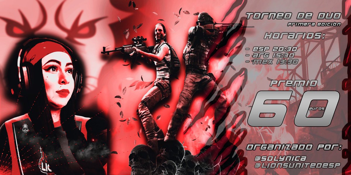 ❗️❗️❗️#Anuncio❗️❗️❗️
Mañana Sábado 28 a las 20:30 estaremos organizando el primer torneo de Dúo de <a href="/PUBG_SPAIN/">PUBG ESP</a> junto a nuestra streamer <a href="/solynica/">SolyNica</a> 

Requisito participación: 
- RT y mencionar un amigo 
- Seguir a <a href="/solynica/">SolyNica</a> y @LIONSUNITEDESP ademas en <a href="/TwitchES/">Twitch ES</a> 
- Uso #Discord