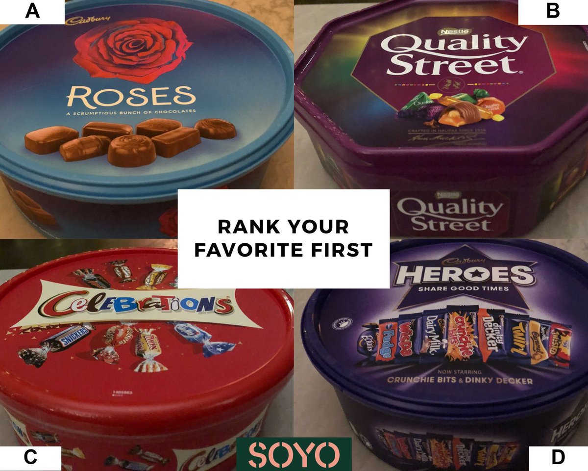 SOYOsheffield's tweet photo. We need your help! The team at Soyo are in with a host of Christmas leftover turkey and seasonal chocolate selections. We need your help to answer one of the great debates. How these Christmas chocolates should be ranked (best to worse) 

Please rank them from best to worst! https://t.co/vjIeolTDCN