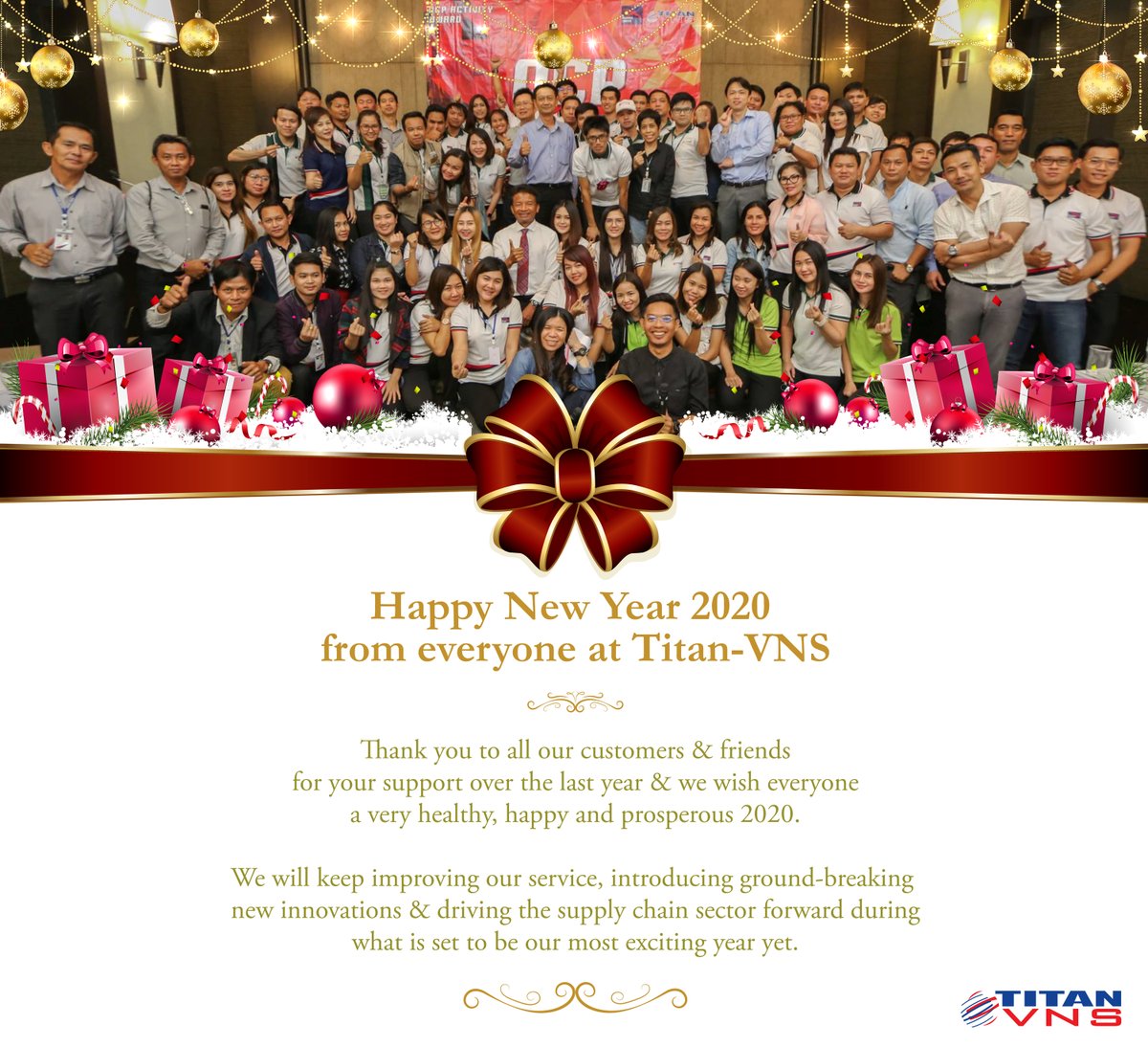 TitanVNS's tweet photo. #HappyNewYear2020 from everyone at Titan-VNS

Thank you to all our customers &amp; friends for your support over the last year &amp; we wish everyone a very healthy, happy and prosperous 2020.

#HNY2020 #TitanVNS #WereLookingForwardTo2020 https://t.co/ElSCGV3raH