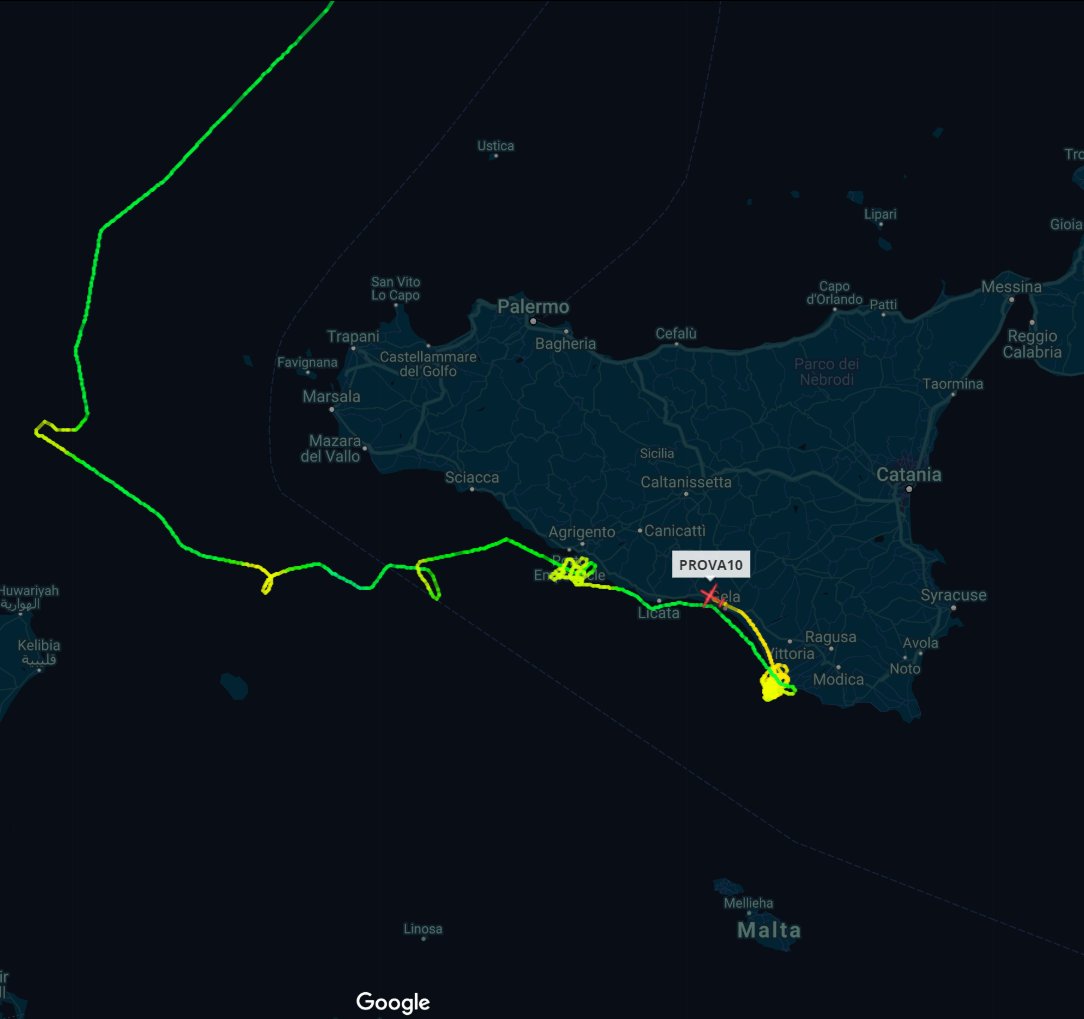 scandura's tweet photo. @RadioRadicale 2⃣
2019-12-27
1318z ⏱️ 14:18 CET
🛩️ Italian custom police 🇮🇹 ATR 72-600MP #MM62311 (#CSX62311): testing day over Sicilian Channel for this brand-new GDF aircraft, departed from Pratica Di Mare AB w/callsign #PROVA10.
History via ItaMilRadar (Nov 15)🔍 https://t.co/9QFobe6ctw https://t.co/5qa3ACHUgz