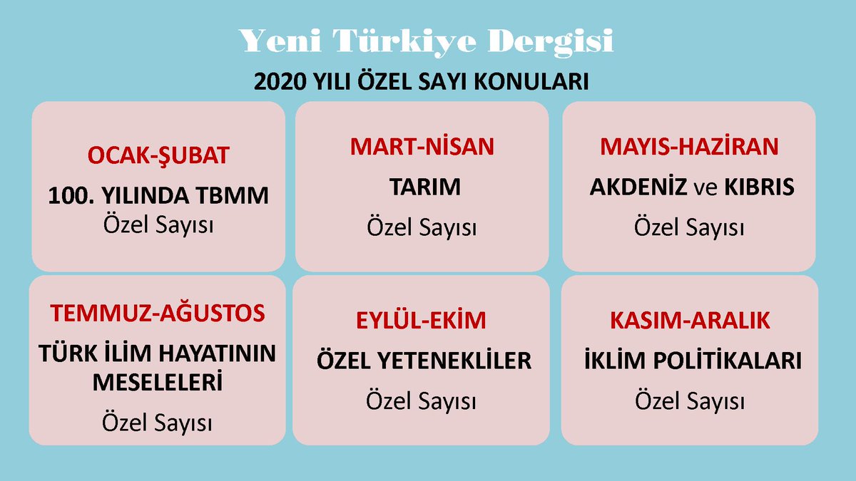 2020 yılında hazırlanacak özel sayılarımız belirlendi. Araştırmacı-yazarlarımızın, konu ile ilgili akademisyen ve STK'ların çalışmalarını bekliyoruz. yeniturkiye.com