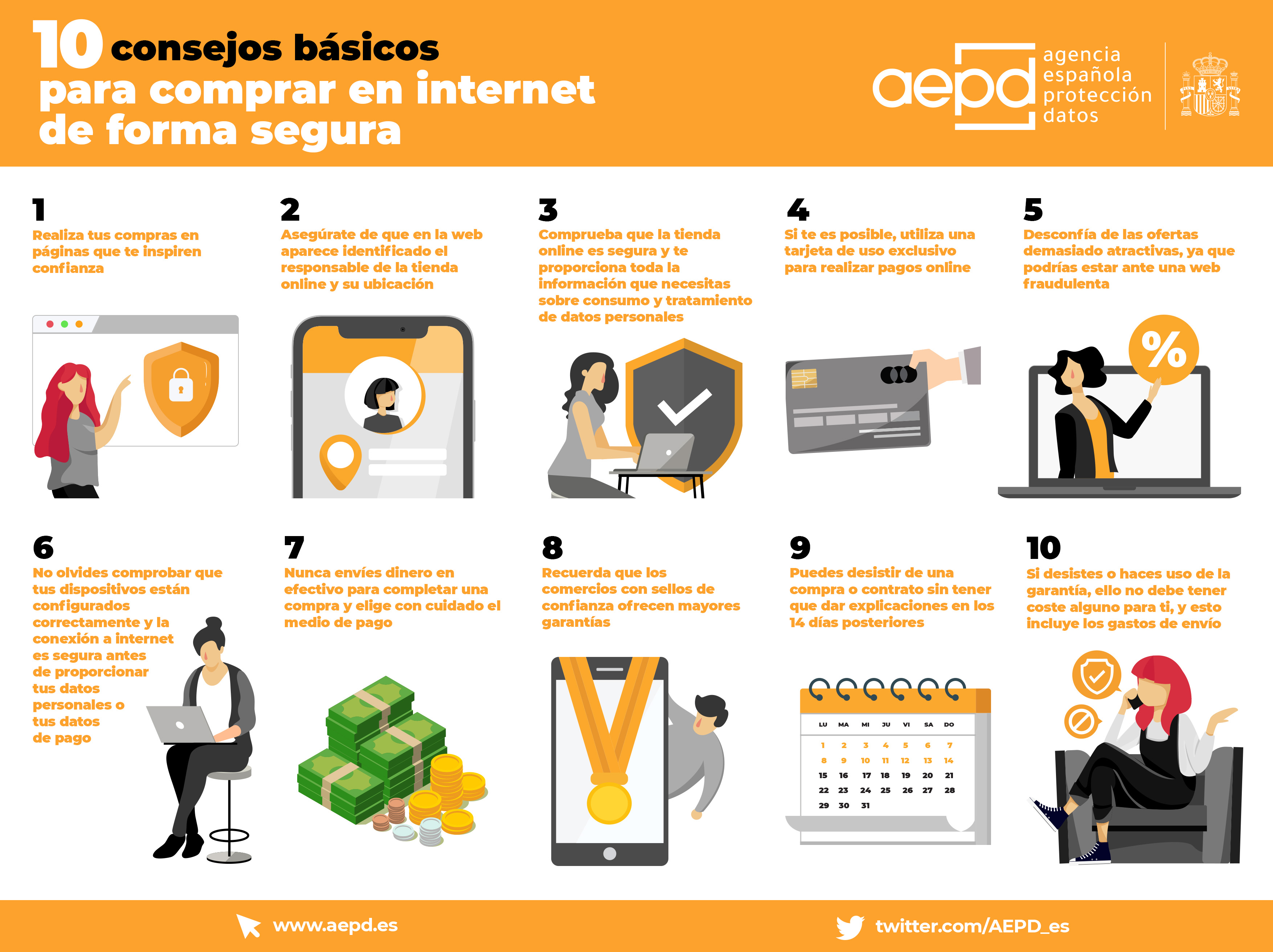 Twitter 上的 Agencia Española de Protección de Datos："Sigue estos 🔟 consejos para hacer tus compras por Internet de forma segura durante estas #rebajas. 🛍📲 Más compras online en esta guía: