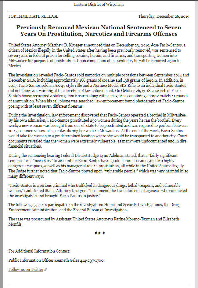 AnonCassi's tweet photo. #Justice Milwaukee, Wisconsin
Criminal Illegal Alien Who Ran Brothel Sentenced For Narcotics, Firearms &amp; Prostitution

🔥 7 YRS in PRISON
🔥 ICE REMOVAL
⚖️ Jose Facio-Santos #Mexico 
#RepeatOffender #Immigration 

EDWI #Krueger #HSI #DEA #FBI 
@POTUS 
https://t.co/uZUGLeeMkx https://t.co/dAPfeE3Zc5